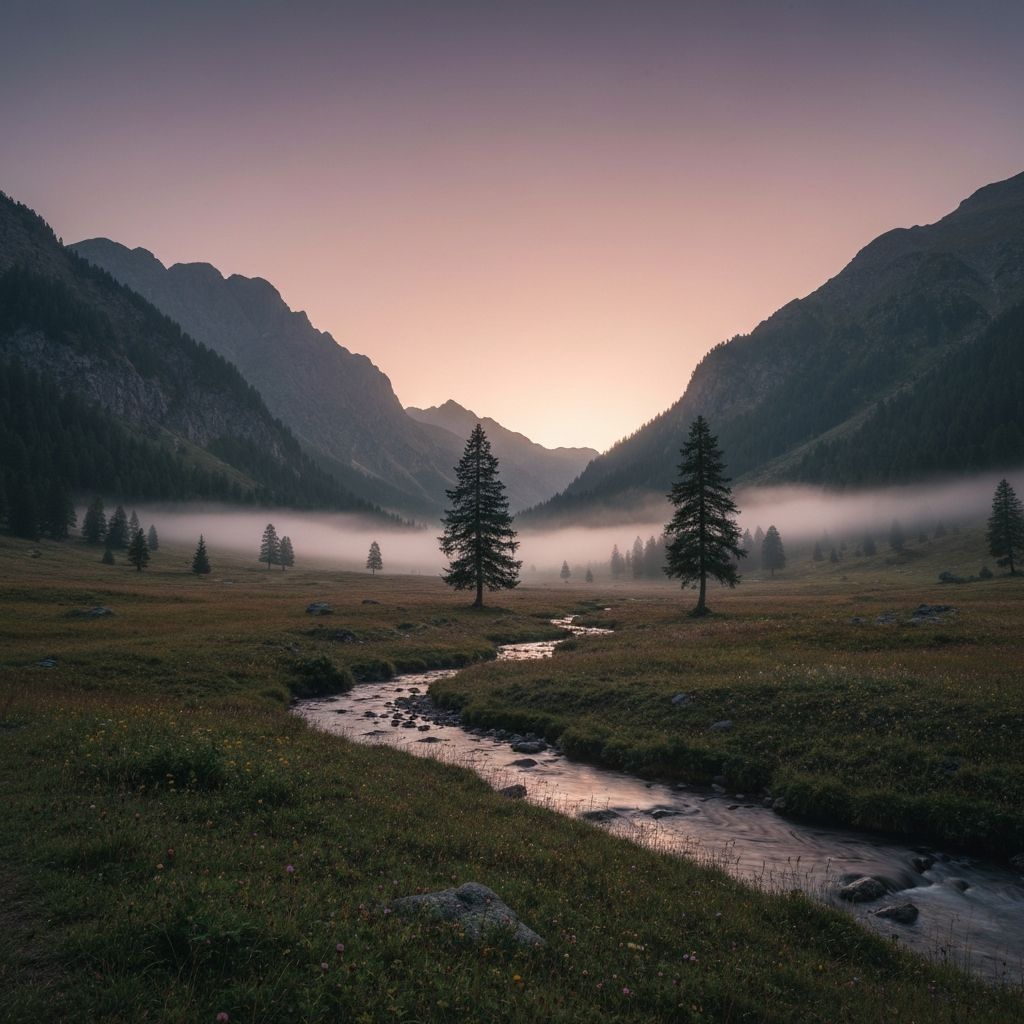 Peaceful alpine valley at twilight