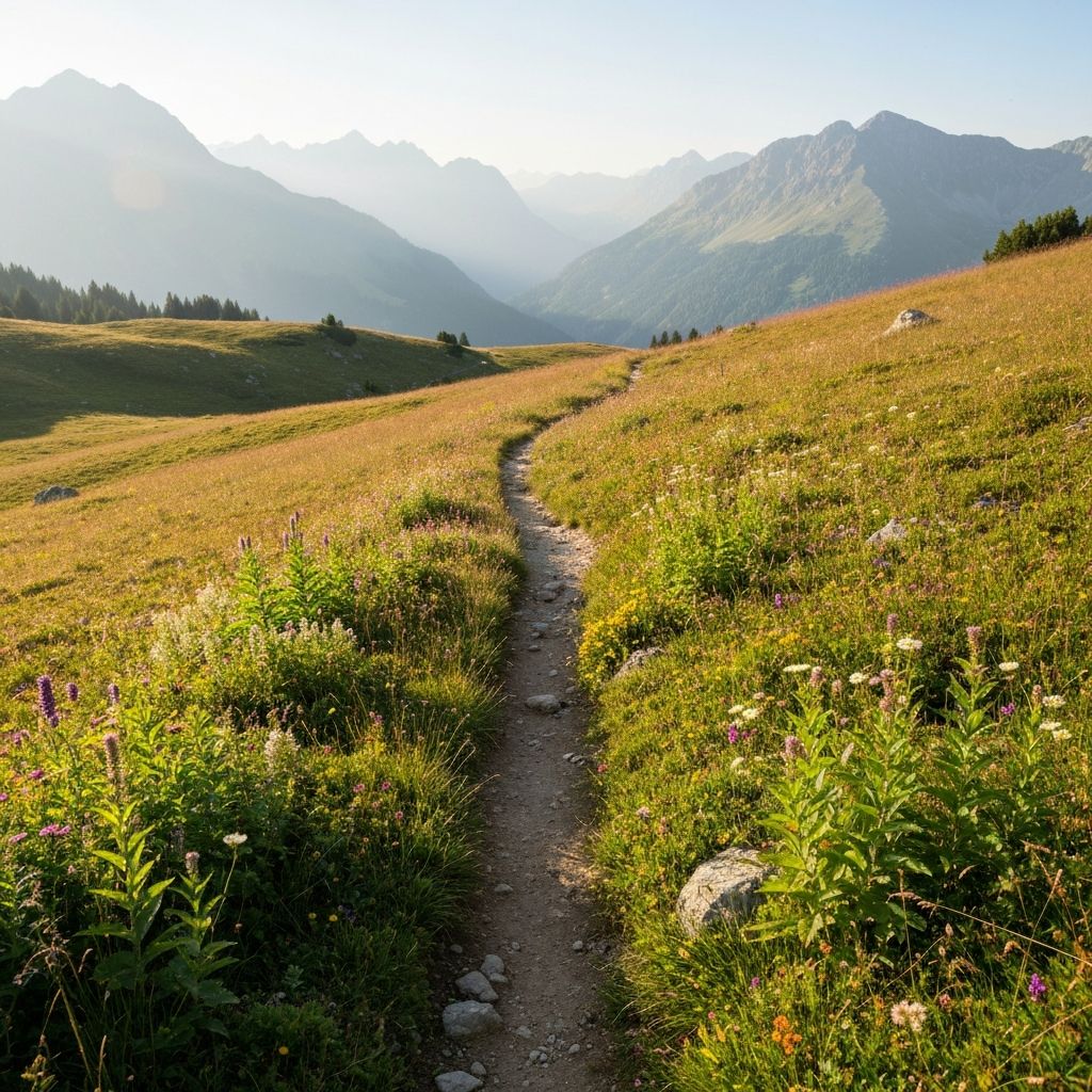 Alpine hiking trail through meadow