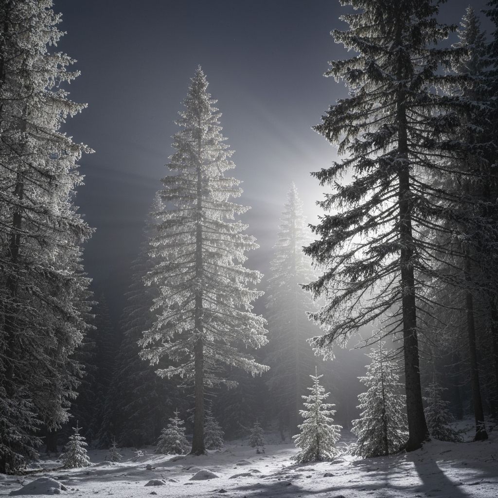 Peaceful nighttime alpine forest with moonlight